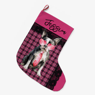 Meia De Natal Grande Boston Terrier Excêntrico Personalizado de Duas Fa