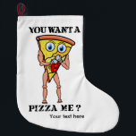 Meia De Natal Grande Boxing de Pizza para Trash de Cartoon<br><div class="desc">Um desenho engraçado em uma pizza vestindo luvas de boxe. A pizza tem grandes olhos azuis e está pronta para uma luta de boxe. O slogan diz "você quer uma pizza para mim"</div>