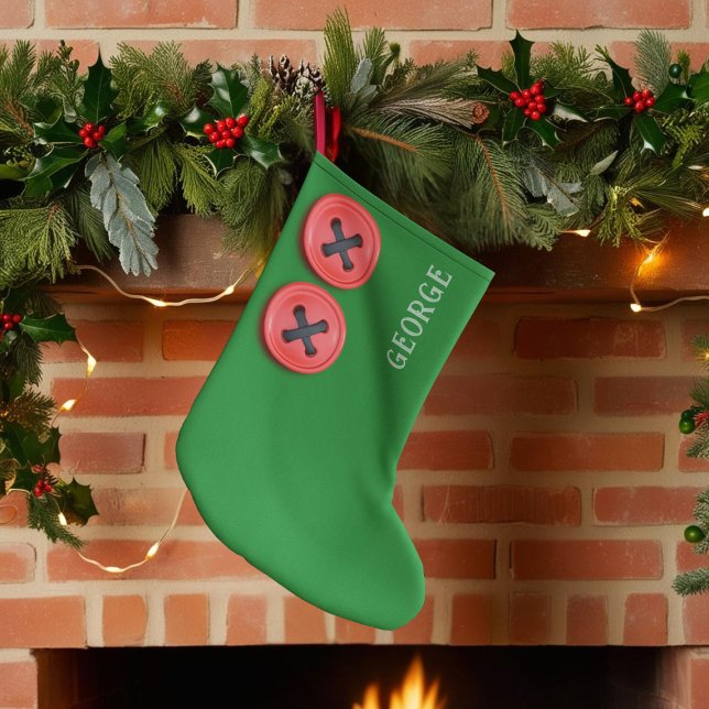 Meia De Natal Grande Boys Green Papai noel Workshop — Natal Stocks (A green Christmas Stocking with red buttons inspired by Santa's workshop. )
