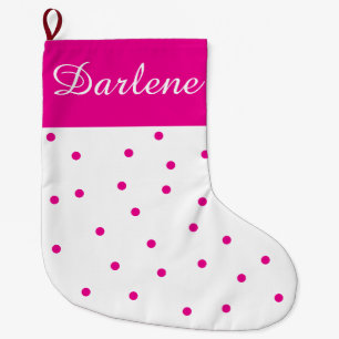 Meia De Natal Grande Branco e Bolinhas Fuchsia: