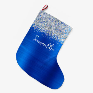 Meia De Natal Grande Brilho Prateado Azul Real Glam Nome