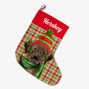 Meia De Natal Grande Brown Labrador Retriever Red Xadrez com Nome de C