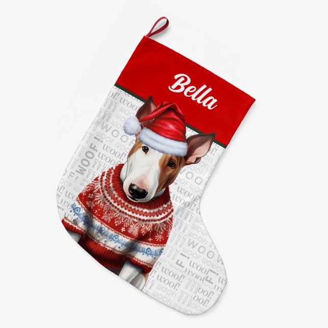 Meia De Natal Grande Bull Terrier de Natal com o nome Woof Background (Frente (Pendurada))