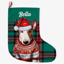 Meia De Natal Grande Bull Terrier Dog Red e Green Xadrez Personalizadas
