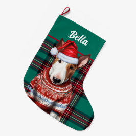 Meia De Natal Grande Bull Terrier Dog Red e Green Xadrez Personalizadas