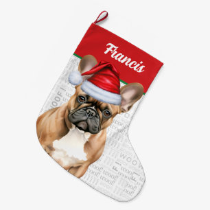 Meia De Natal Grande Bulldogue Francês de Natal com Nome Fundo Woof