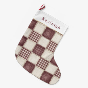 Meia De Natal Grande Burgundy Creme Xadrez Listras Natal