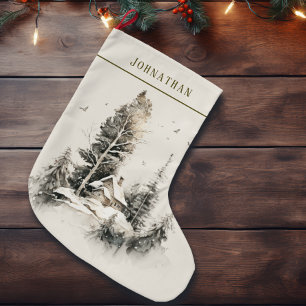 Meia De Natal Grande Cabana de Campo de Inverno em Aquarela Rústica