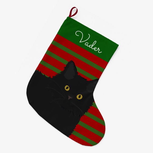 Meia De Natal Grande Cabelo Longo de Gato Negro Personalizado (Frente (Pendurada))