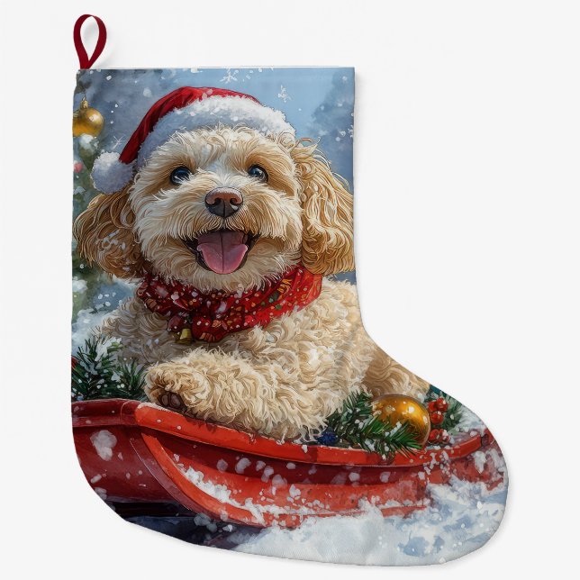 Meia De Natal Grande Cachorro Cockapoo no Trenó Deixe Nevar Natal (Frente)