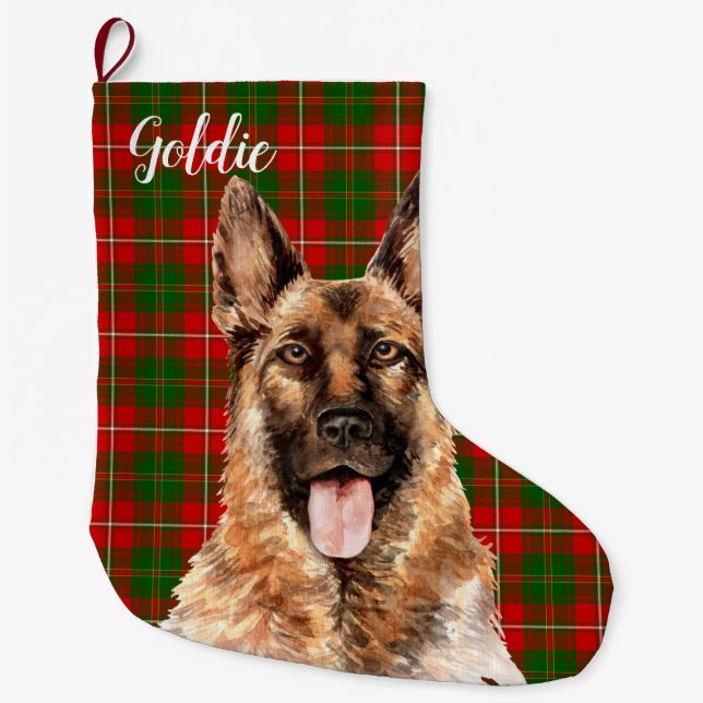 Meia De Natal Grande Cachorro de German shepherd de Aquarela Personaliz (Frente)