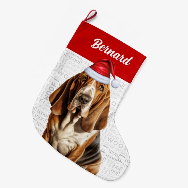 Meia De Natal Grande Cachorro de Natal com nome de cão (Frente (Pendurada))