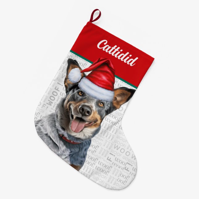 Meia De Natal Grande Cachorro de Natal com Nome Pau Fundo (Frente (Pendurada))