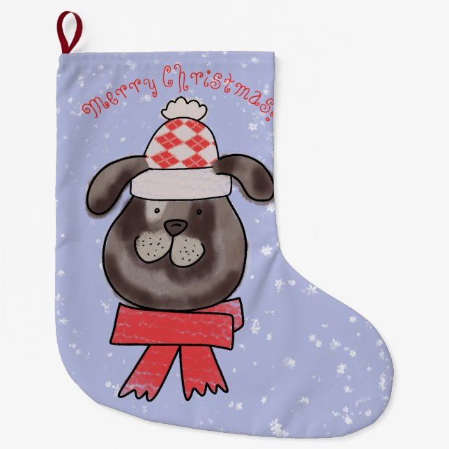 Meia De Natal Grande Cachorro de Natal usando boné e cachecol de tricô (Frente)