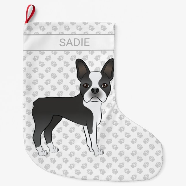 Meia De Natal Grande Cachorro e Nome do Cartoon Black and White Boston  (Frente)
