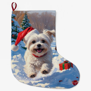 Meia De Natal Grande Cachorro Maltês Correndo na Neve com Chapéu de Nat