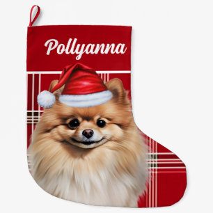 Meia De Natal Grande Cachorro Pomerânia Fofo Xadrez Branco Vermelho Per