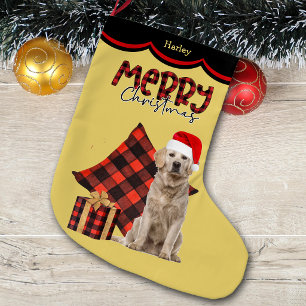 Meia De Natal Grande Cachorro Retriever Dourado Xadrez de Búfalo