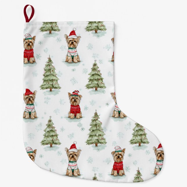 Meia De Natal Grande Cachorro Yorkies de Natal (Frente)