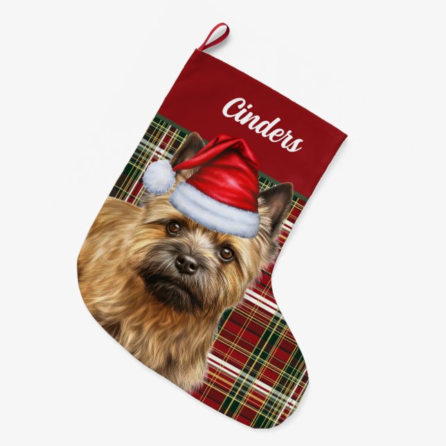 Meia De Natal Grande Cairn Terrier Dog com Xadrez de Férias Personaliza (Frente (Pendurada))