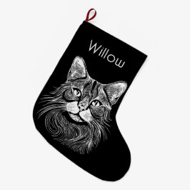Meia De Natal Grande Cama de gato preto e branco desenhada à mão com es