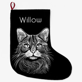 Meia De Natal Grande Cama de gato preto e branco desenhada à mão com es