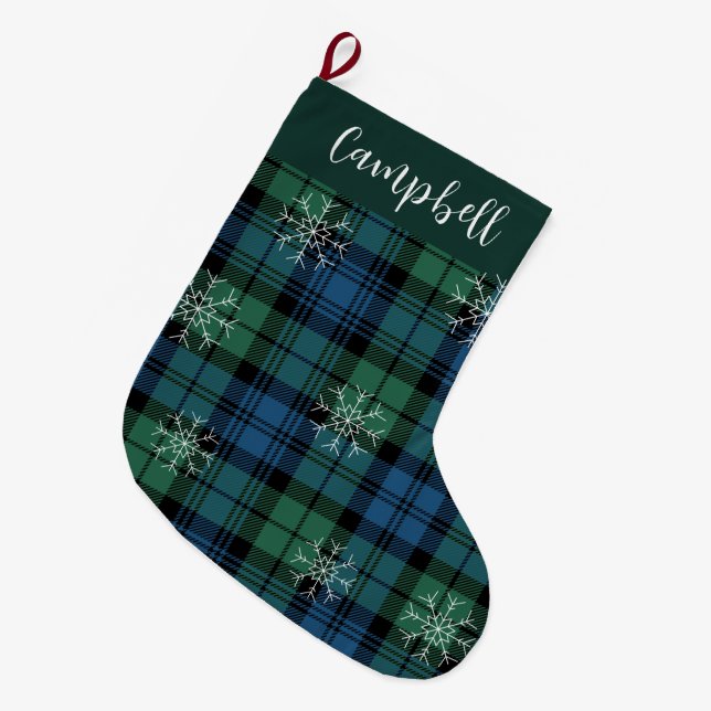 Meia De Natal Grande Campbell Tartan Green Blue Snowflakes Xadrez russa (Frente (Pendurada))
