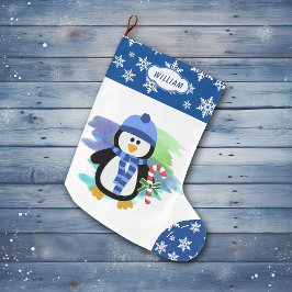 Meia De Natal Grande Cana-candi-pinguim-azul-branca