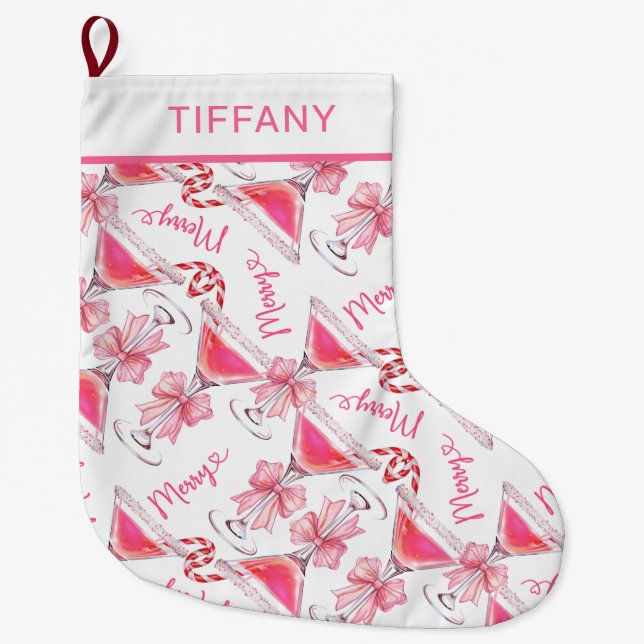 Meia De Natal Grande Cane Martini de doce rosa personalizado (Frente)