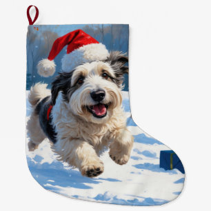 Meia De Natal Grande Cão de Pastoreio Inglês Antigo Correndo na Neve Ch