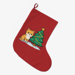 Meia De Natal Grande Cartoon Gato ao lado da Árvore de Natal Nevada Ade