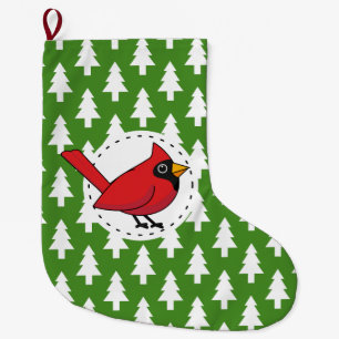 Meia De Natal Grande Cartoon Red Cardinal sobre Pinheiros Brancos Verde