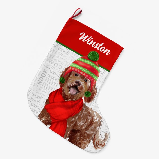 Meia De Natal Grande Castanho de Natal Labradoodle com o nome de cão (Frente (Pendurada))