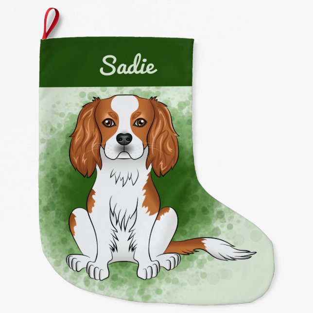 Meia De Natal Grande Cavalier King Charles Spaniel Blenheim em Verde (Frente)