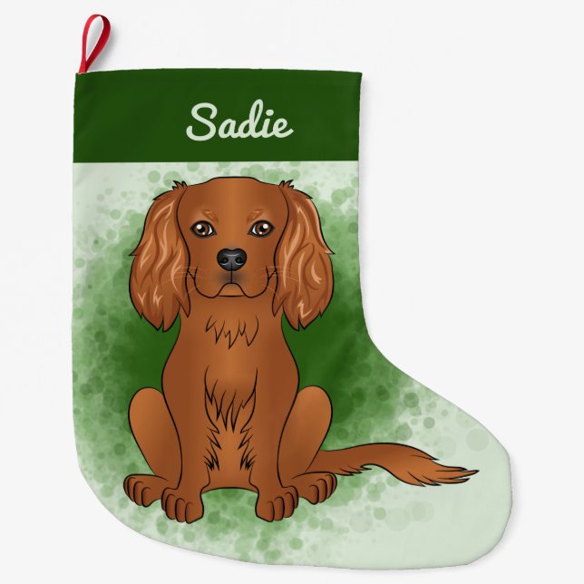 Meia De Natal Grande Cavalier King Charles Spaniel de Ruby em Verde (Frente)