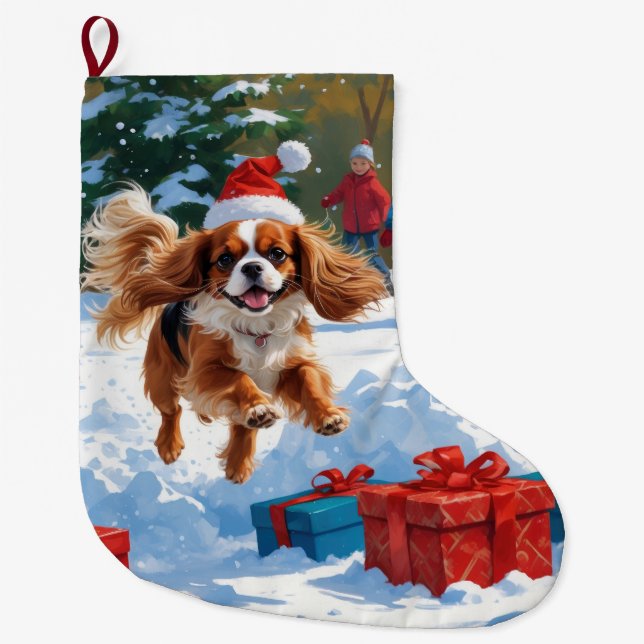 Meia De Natal Grande Cavalier King Charles Spaniel na neve com Natal  (Frente)