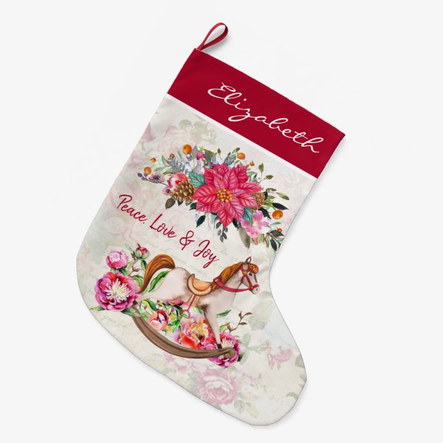 Meia De Natal Grande Cavalo Antochado Vitoriano e Poinsettia (Frente (Pendurada))