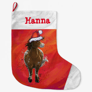 Meia De Natal Grande Cavalo Bonito Appaloosa em Santa Chapéu em Vermelh
