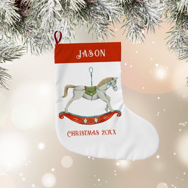 Meia De Natal Grande Cavalo de Balanço de Natal Com Nome (Christmas Rocking Horse With Name Large Christmas Stocking)