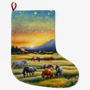 Meia De Natal Grande Cavalos no Prado de Flores Silvestres da Fazenda