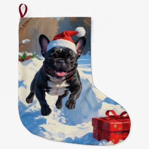 Meia De Natal Grande Cena de neve festiva de Natal com Bulldog Francês 