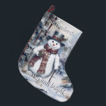 Meia De Natal Grande Charmoso Snowman Watercolor Floresta de inverno Pe<br><div class="desc">Celebre a temporada com esta personalizada Charming Snowman Watercolor, Estocagem de Natal da Floresta de inverno. Apresentando um bonitinho bonitinho de chapéu e cachecol, segurando uma bengala e posicionado contra uma serena floresta serena de inverno, o design é acentuado pela elegante escrita "Feliz e Brilho" e pela tipografia moderna mostrando...</div>