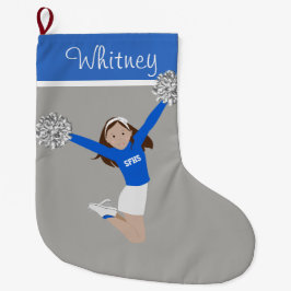 Meia De Natal Grande Cheerleader Brunette em Branco e Azul