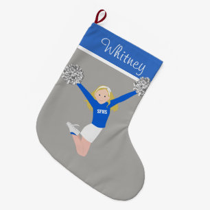 Meia De Natal Grande Cheerleader loiro em branco e azul