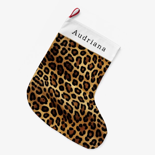 Meia De Natal Grande Chic Brown Gold Leopard Animal Print Christmas  (Frente (Pendurada))