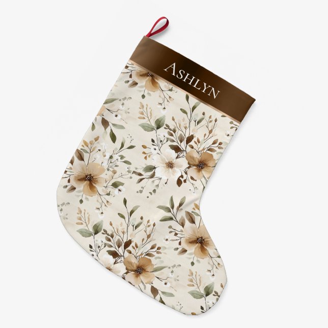 Meia De Natal Grande Chic Cream White Brown Flowers Natal (Frente (Pendurada))