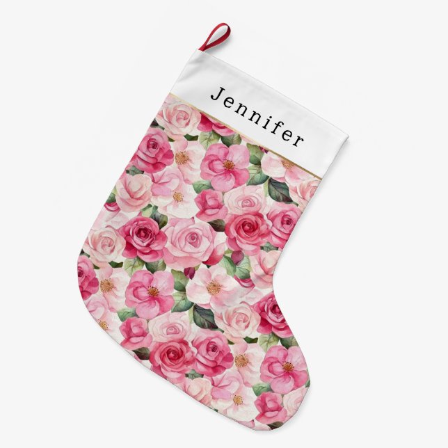 Meia De Natal Grande Chic Pink Roses Floral Christmas (Frente (Pendurada))