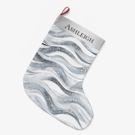 Meia De Natal Grande Chic Silver White Wavy Strips Natal
