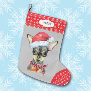 Meia De Natal Grande Chihuahua de Chapéu de Papai Noel com Borda de Flo