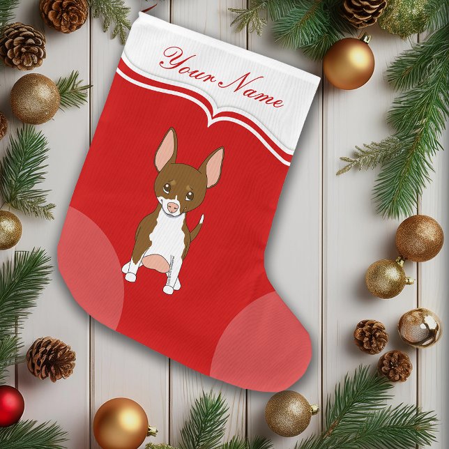 Meia De Natal Grande Chihuahua Dog Cute Cartoon Brown White Name (Cute Chihuahua puppy dog Christmas stocking)